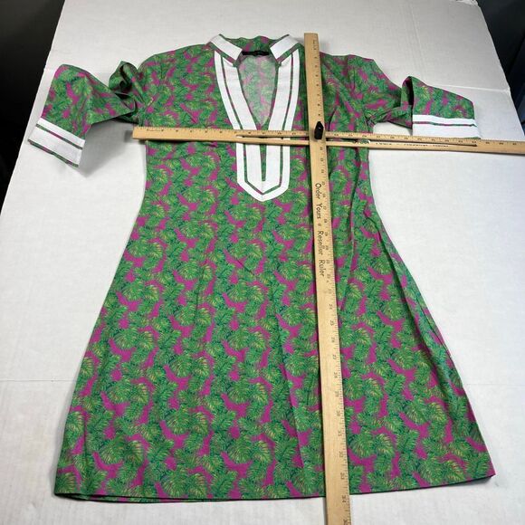 Lauren Gold Shift Dress 3/4 Sleeve Leaf Print V-Neck Preppy Resort Wear Size 2 - Picture 6 of 11